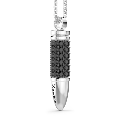 Zancan silver bullet necklace with black stones.