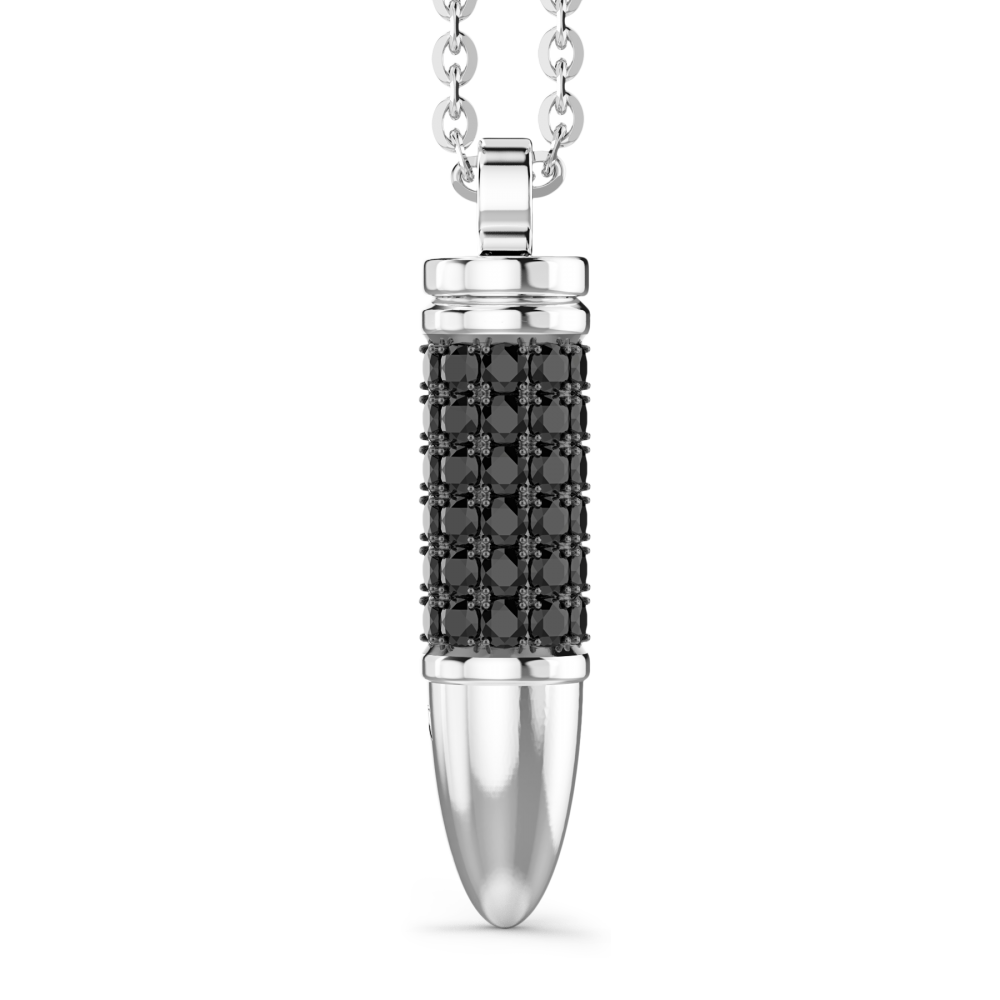 Zancan silver bullet necklace with black stones.