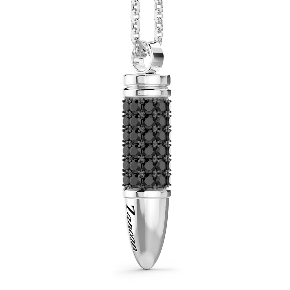 Zancan silver bullet necklace with black stones.