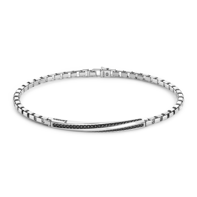 Zancan-Armband aus Silber mit Plakette und schwarzen Edelsteinen.