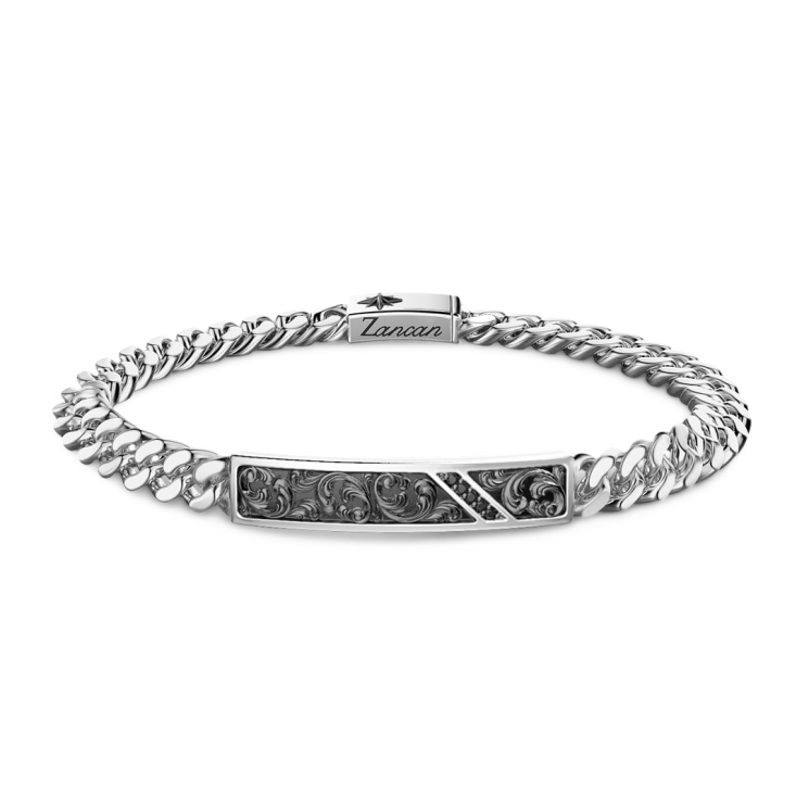 Zancan-Panzerkettenarmband aus Silber mit Plakette und schwarzen Edelsteinen.