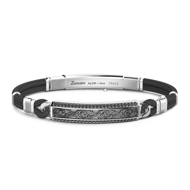 Zancan kevlar bracelet with silver tag and black stones.