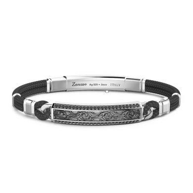 Zancan-Armband aus Kevlar mit Silberplakette und schwarzen Edelsteinen.