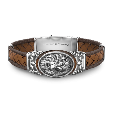 Zancan silver and leather bracelet with lion.