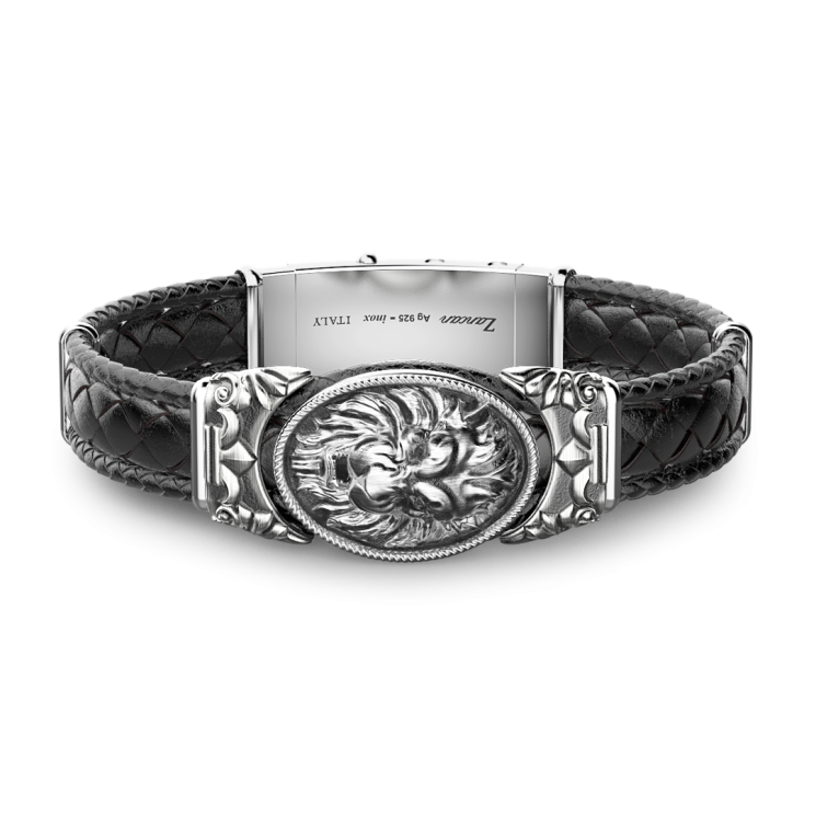 Zancan silver and leather bracelet with lion.
