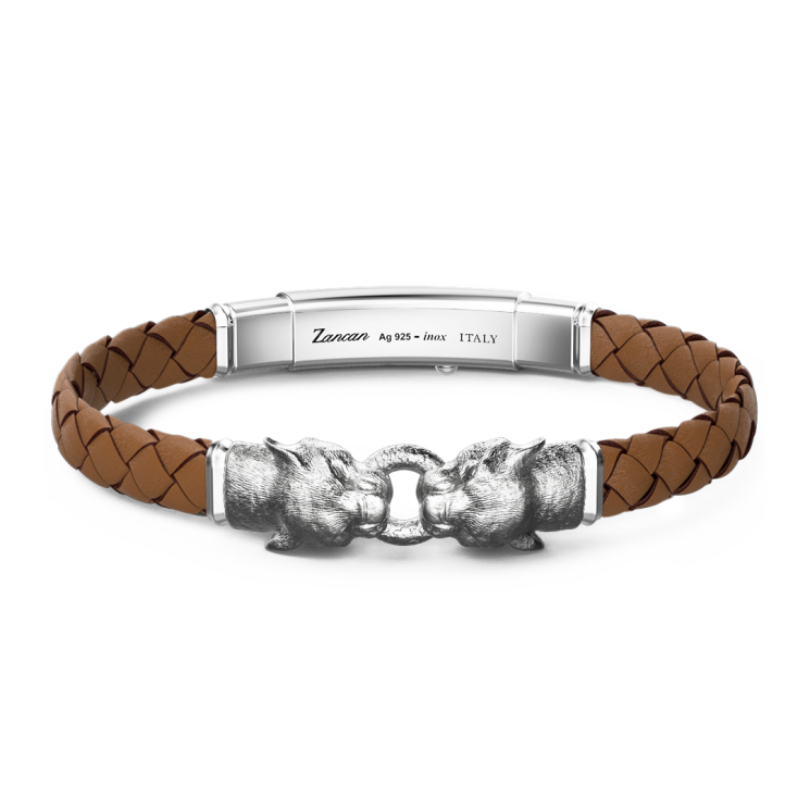 Pulsera Zancan de plata y piel con panteras.