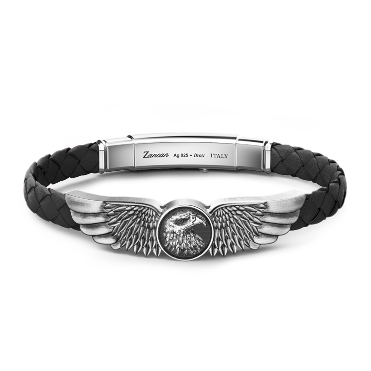 Pulsera Zancan de plata y piel con águila.