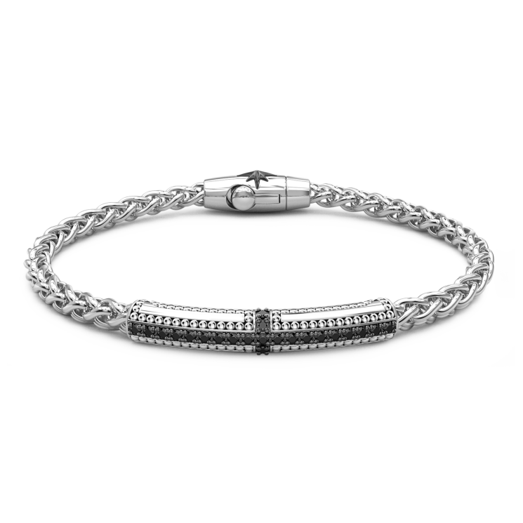 Zancan-Armband aus Silber mit Plakette und schwarzen Edelsteinen.
