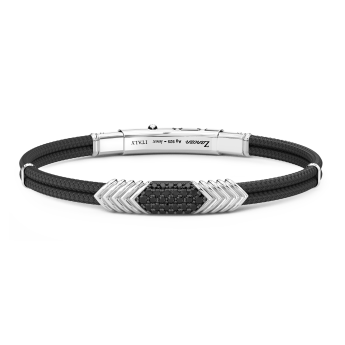 Zancan-Armband aus Kevlar mit Silberplakette und schwarzen Edelsteinen.
