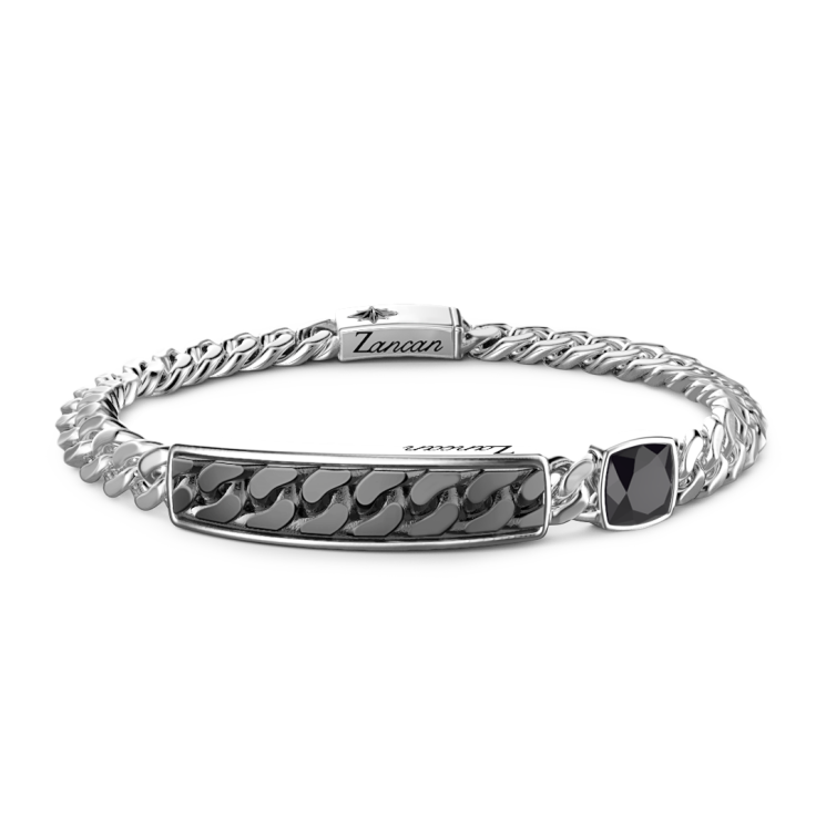 Zancan curb chain bracelet with tag and black stone.