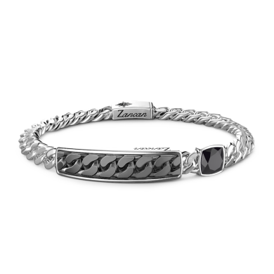 Zancan curb chain bracelet with tag and black stone.