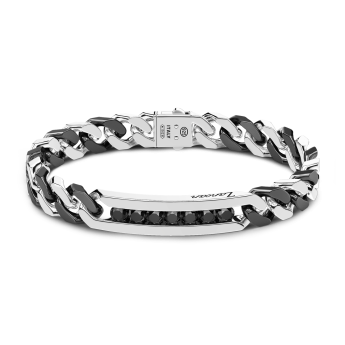 Zancan silver ceramic curb chain bracelet with tag and black stones.