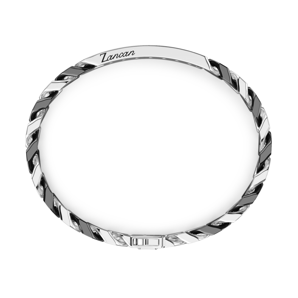 Pulsera grumet Zancan de plata y cerámica con placa y piedras negras.