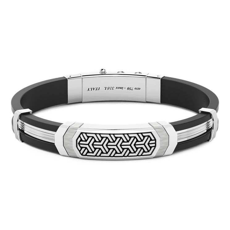 Pulsera Zancan de plata y silicona negra con placa.