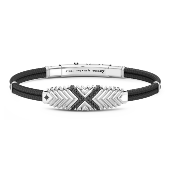 Bracciale Zancan in Kevlar con targa in argento e pietre nere.
