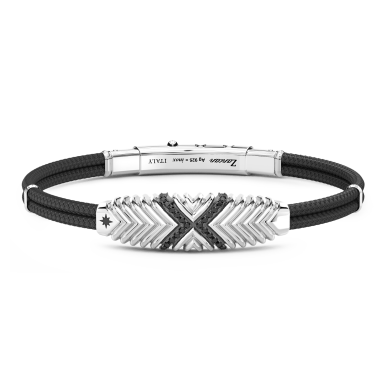 Bracciale Zancan in Kevlar con targa in argento e pietre nere.