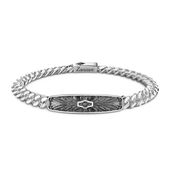 Zancan silver curb chain bracelet with tag and black stones.