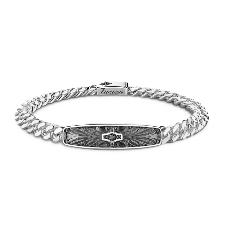Zancan-Panzerkettenarmband aus Silber mit Plakette und schwarzen Edelsteinen.