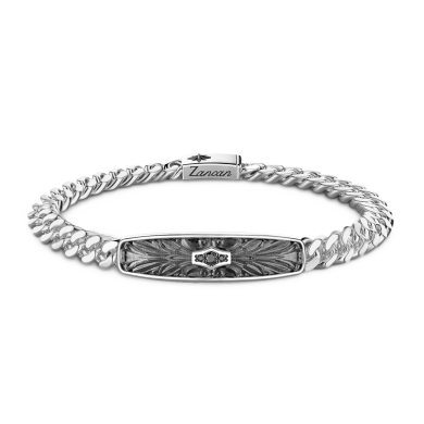 Pulsera grumet Zancan de plata con placa y piedras negras.