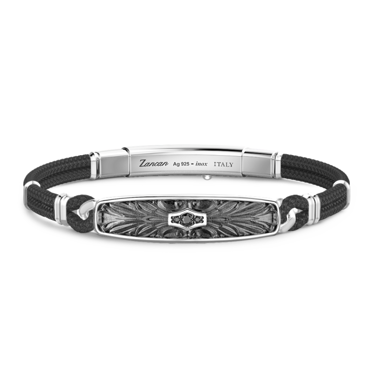 Pulsera Zancan de kevlar con placa de plata y piedras negras.
