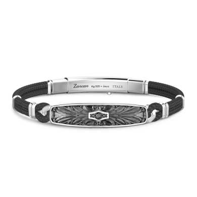 Zancan-Armband aus Kevlar mit Silberplakette und schwarzen Edelsteinen.