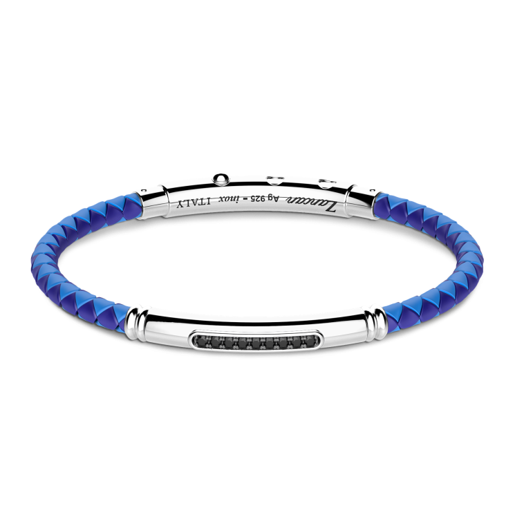 Bracciale Zancan in silicone con targa in argento e pietre nere.
