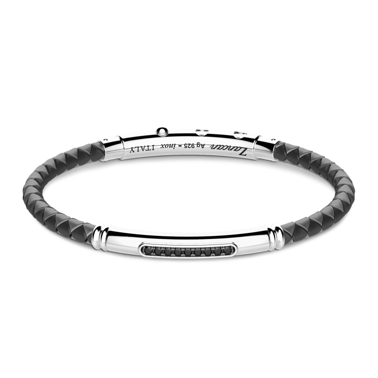 Zancan silicone bracelet with silver tag and black stones.