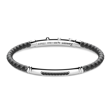 Zancan silicone bracelet with silver tag and black stones.