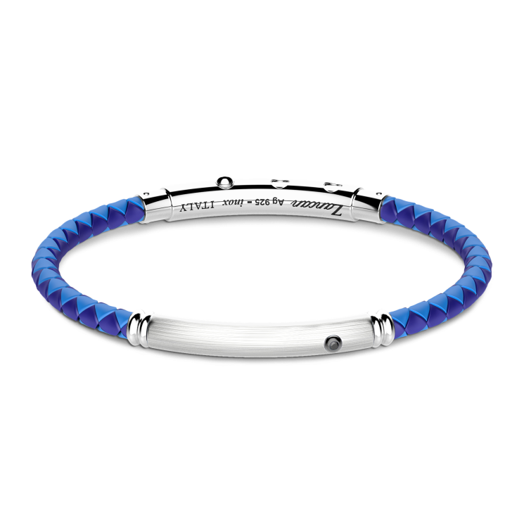 Zancan-Armband aus Silikon mit Silberplakette und schwarzem Edelstein.