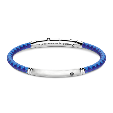 Zancan-Armband aus Silikon mit Silberplakette und schwarzem Edelstein.