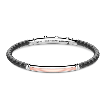 Zancan black silicone bracelet with silver tag and rose gold details.