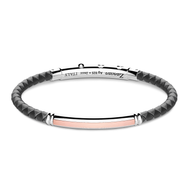 Bracciale Zancan in silicone nero con targa in argento e dettagli in oro rosa.