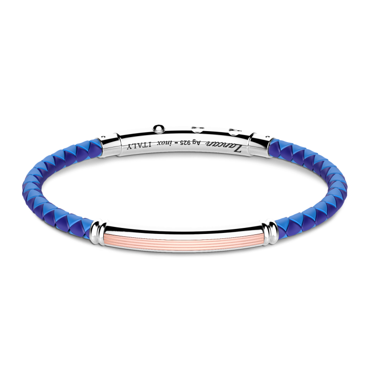 Bracciale Zancan in silicone nero con targa in argento e dettagli in oro rosa.