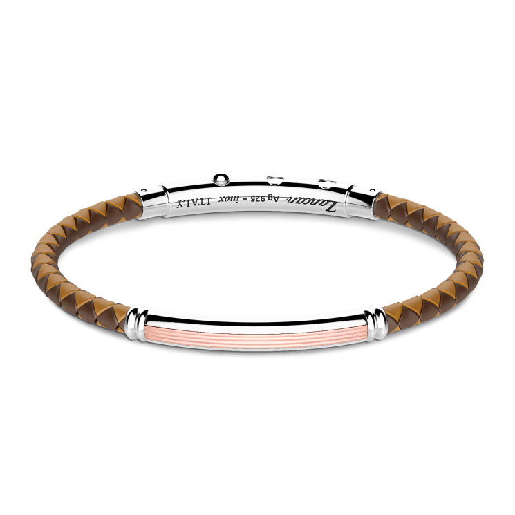 Zancan black silicone bracelet with silver tag and rose gold details.
