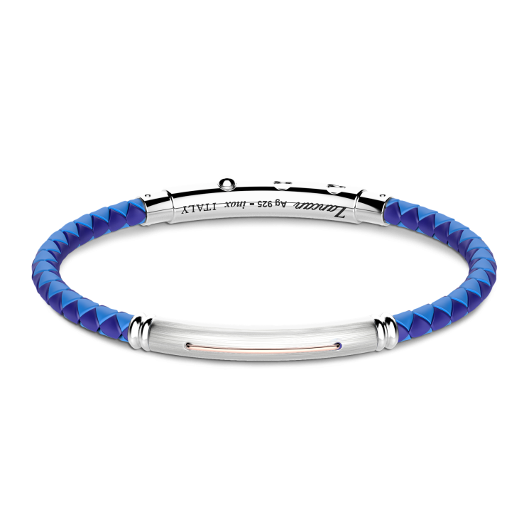Zancan black silicone bracelet with silver tag and rose gold details.
