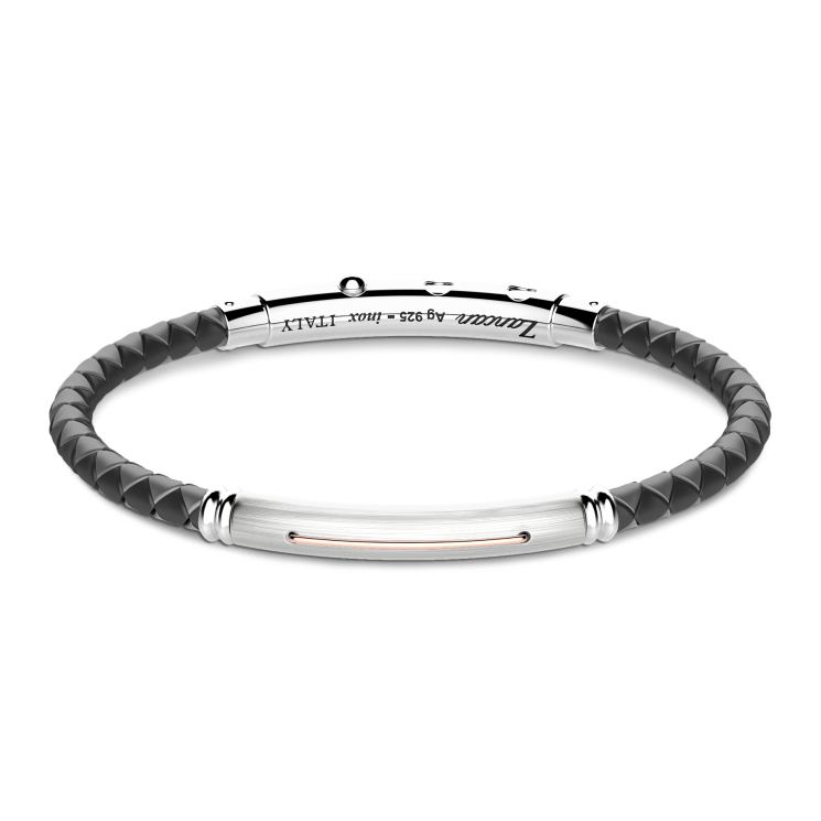 Zancan black silicone bracelet with silver tag and rose gold details.