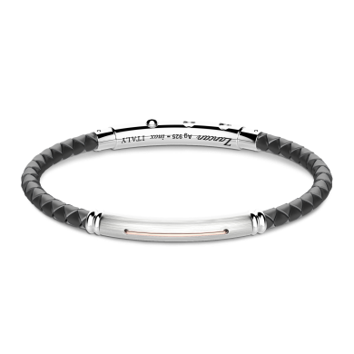 Bracciale Zancan in silicone nero con targa in argento e dettagli in oro rosa.