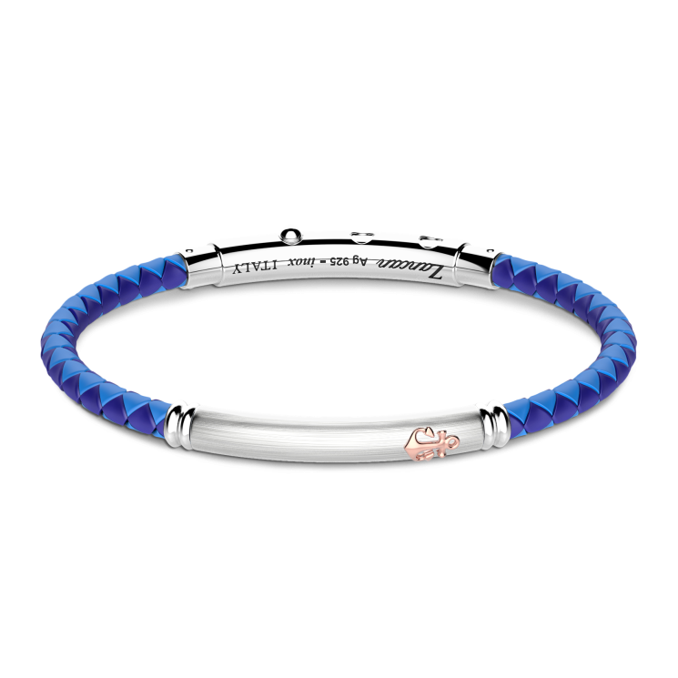Bracciale Zancan in silicone nero con targa in argento e dettagli in oro rosa.