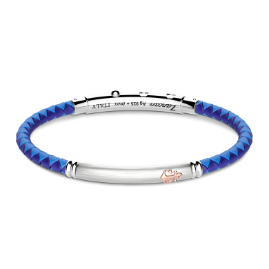 Bracciale Zancan in silicone nero con targa in argento e dettagli in oro rosa.