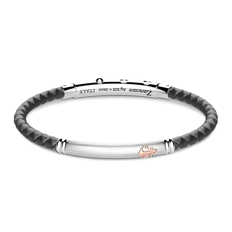 Zancan black silicone bracelet with silver tag and rose gold details.