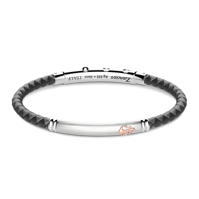 Zancan black silicone bracelet with silver tag and rose gold details.