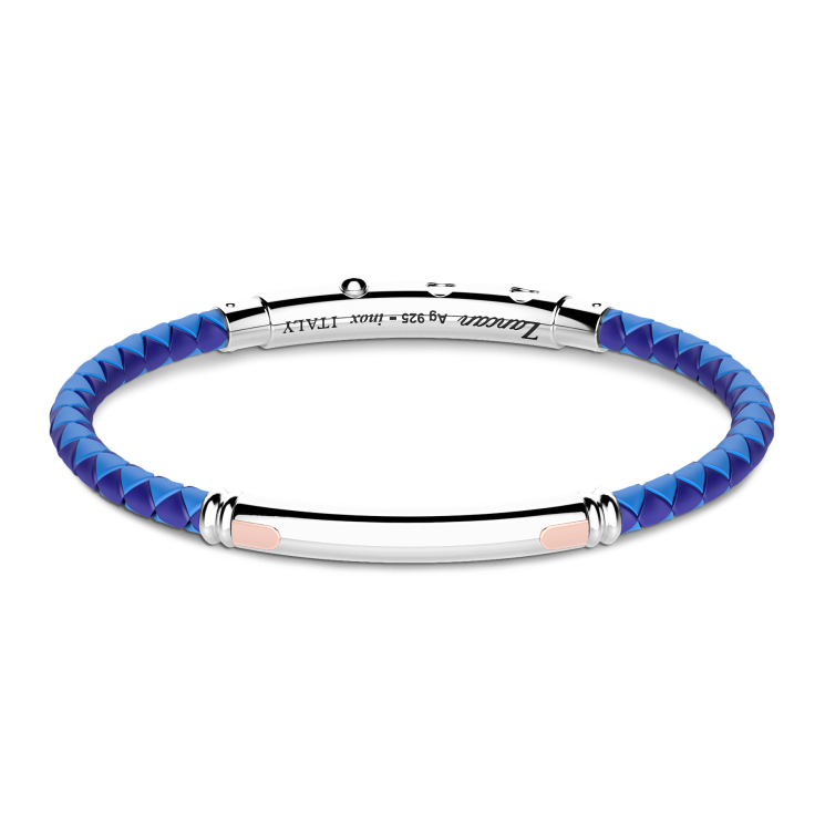 Bracciale Zancan in silicone nero con targa in argento e dettagli in oro rosa.