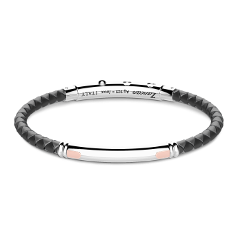 Zancan black silicone bracelet with silver tag and rose gold details.
