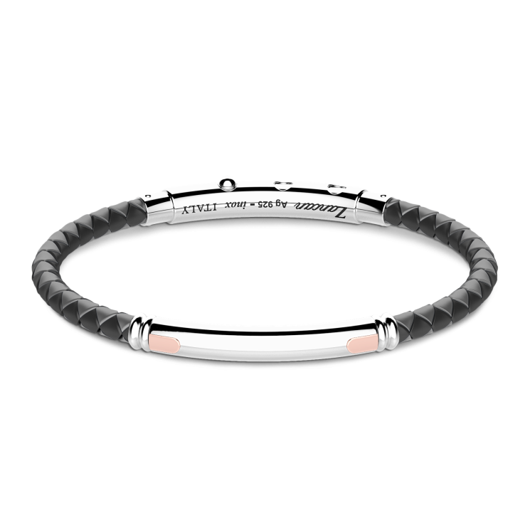 Zancan black silicone bracelet with silver tag and rose gold details.