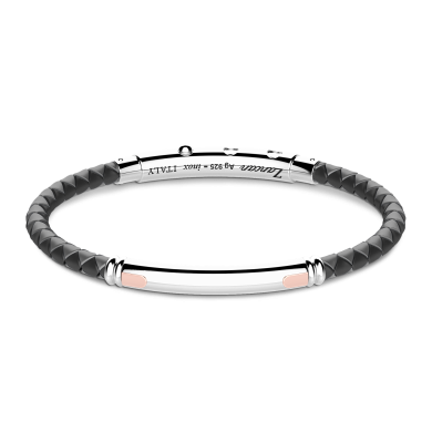 Zancan black silicone bracelet with silver tag and rose gold details.