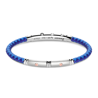 Zancan black silicone bracelet with silver tag and rose gold details.