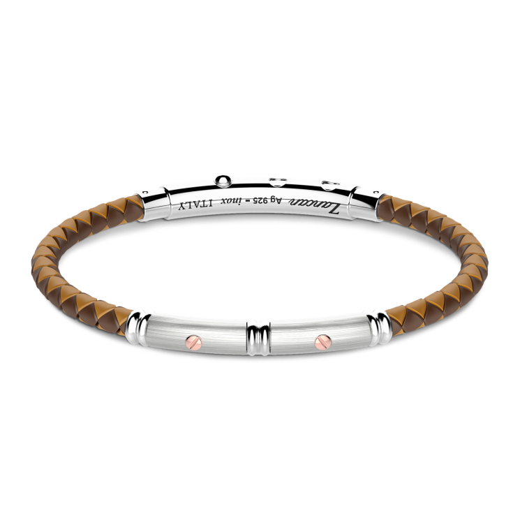Zancan black silicone bracelet with silver tag and rose gold details.
