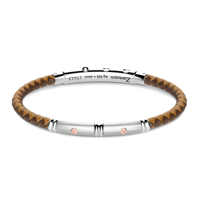Zancan black silicone bracelet with silver tag and rose gold details.