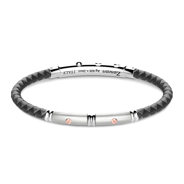Zancan-Armband aus schwarzem Silikon mit Plakette aus Silber und Details aus Roségold.