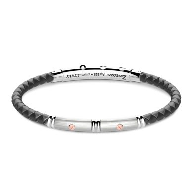 Zancan-Armband aus schwarzem Silikon mit Plakette aus Silber und Details aus Roségold.